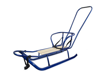 Sanki SONIA metalowe szeroka płoza z oparciem i pchaczem - granatowe