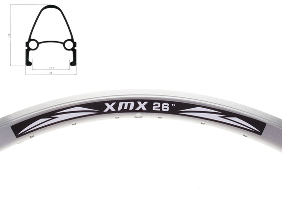 Obręcz stożek 26" XMX 36-otworów srebrna CNC anodyzowana