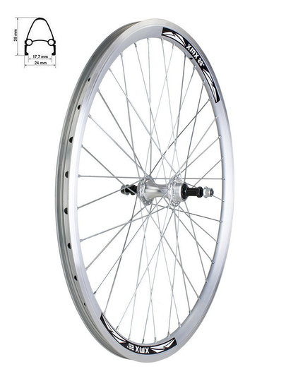 Koło tylne 26", obręcz stożkowa XMX srebrna, piasta aluminiowa na łożyskach maszynowych + nakrętki