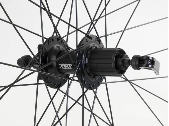 Koło tylne 27,5" Disc piasta XMX A291 kaseta 8-9-10 rzędów,  hamulec tarczowy, łożyska maszynowe, obręcz YKL-D23 nitowana czarna, szprychy czarne