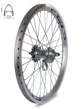 Koło tylne 20" obręcz stożkowa, piasta samohamowna, srebrna