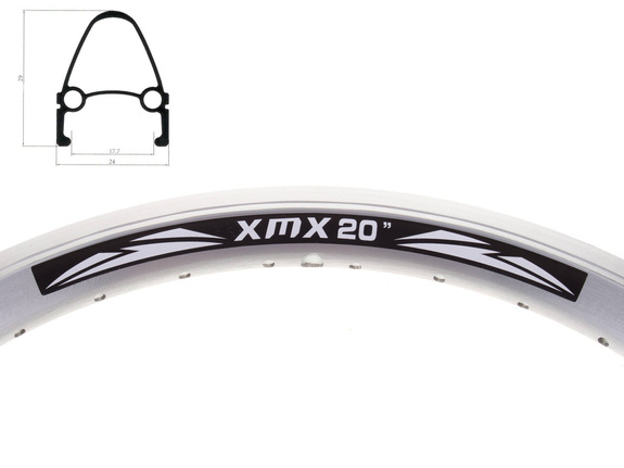 Obręcz XMX 20" stożek 36-otworów srebrna CNC anodyzowana