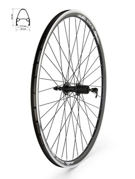 Koło tylne 28" piasta A281QR kaseta 8-10 rzędów, ,łożyska maszynowe, obręcz stożkowa czarna, szprychy czarne