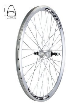 Koło tylne 26", obręcz stożkowa XMX srebrna, piasta aluminiowa na łożyskach maszynowych + nakrętki